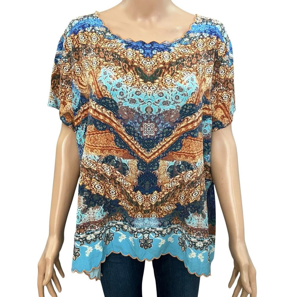 Soft Surroundings Sharron Floral Tunic Top 2X Scallop Boho Woven Vacation Blue